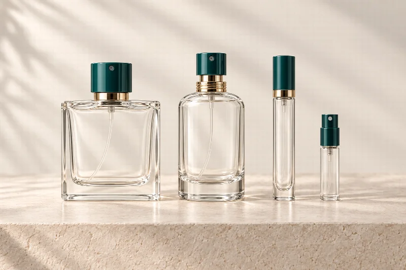 Retail glass eau de parfum atomisers, from a classic bottle to a handbag size.