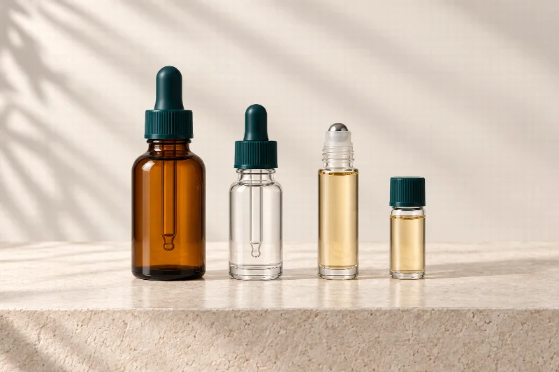 Petits contenants personnels pour Essence pure : compte-gouttes, pipette, roll-on et fiole.