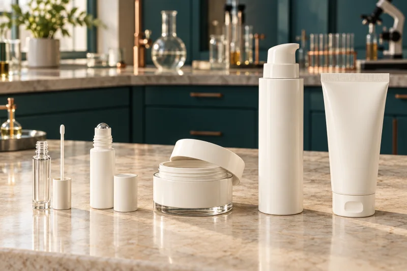 Cinq contenants neutres sur une paillasse de laboratoire : fiole à tige, roll-on, pot, pompe airless et tube.