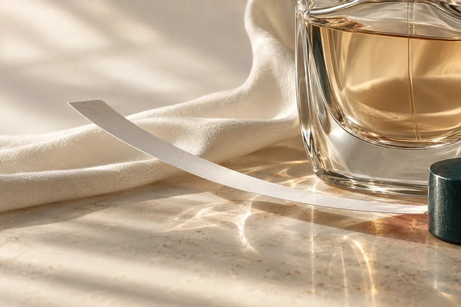 Flacon de parfum et mouillette sur une étoffe claire.