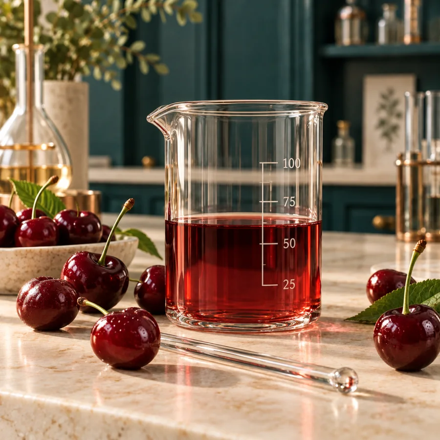 Bécher de laboratoire rempli de liquide rouge cerise, entouré de cerises fraîches.