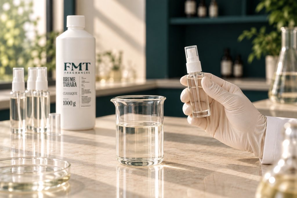 Illustration : préparation de la brume corporelle dans un laboratoire de parfumerie