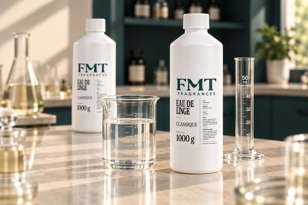 Illustration : préparation de l’eau de linge dans un laboratoire de parfumerie