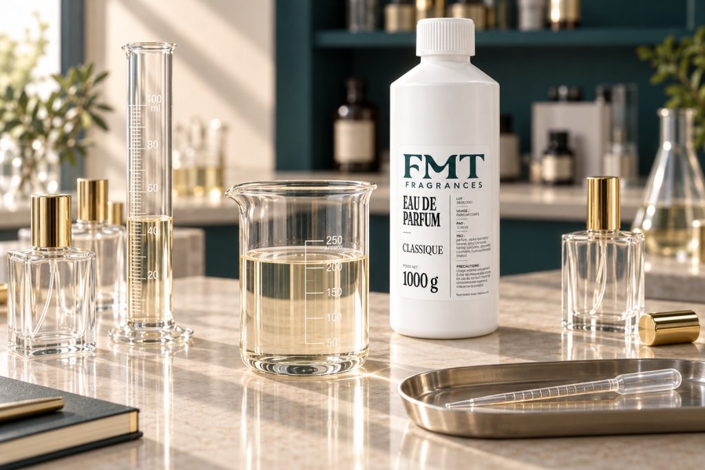 Illustration : préparation de l’eau de parfum dans un laboratoire de parfumerie