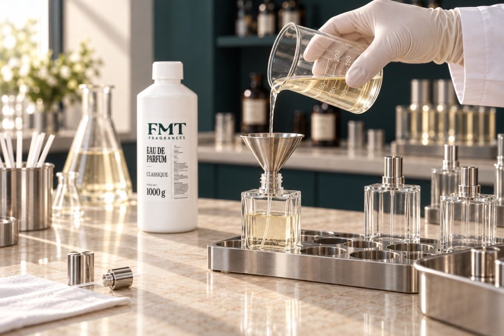 Illustration : conditionnement de l’eau de parfum dans un laboratoire de parfumerie