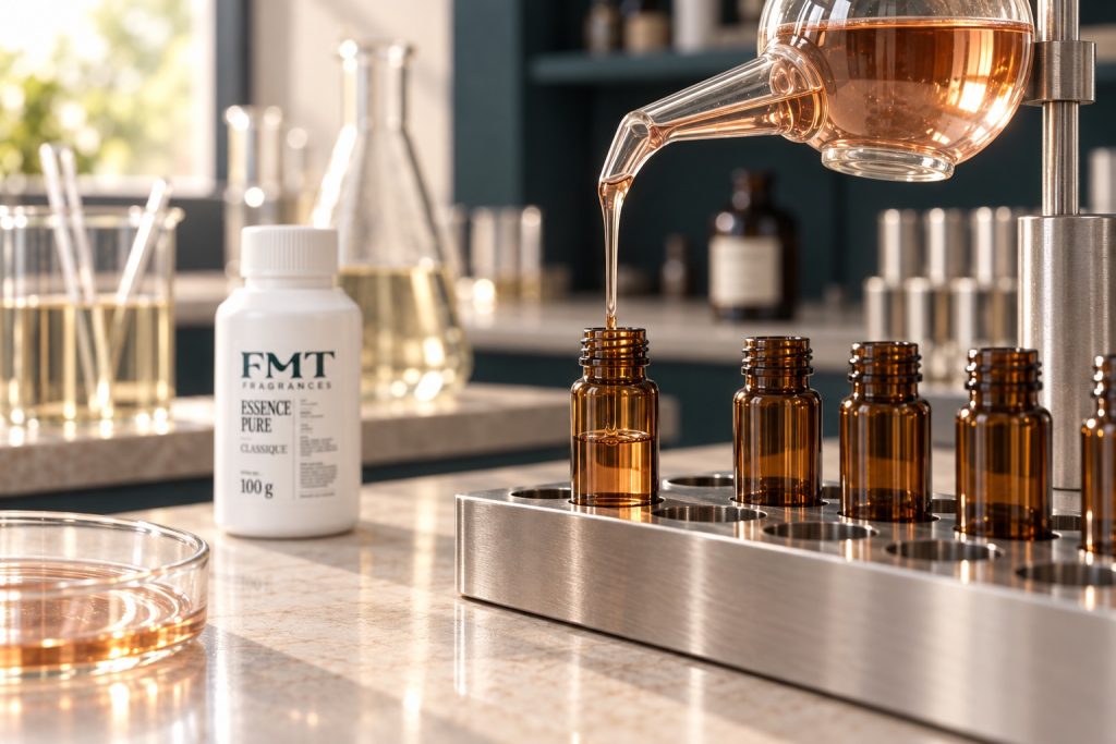 Illustration : conditionnement de l’essence pure dans un laboratoire de parfumerie