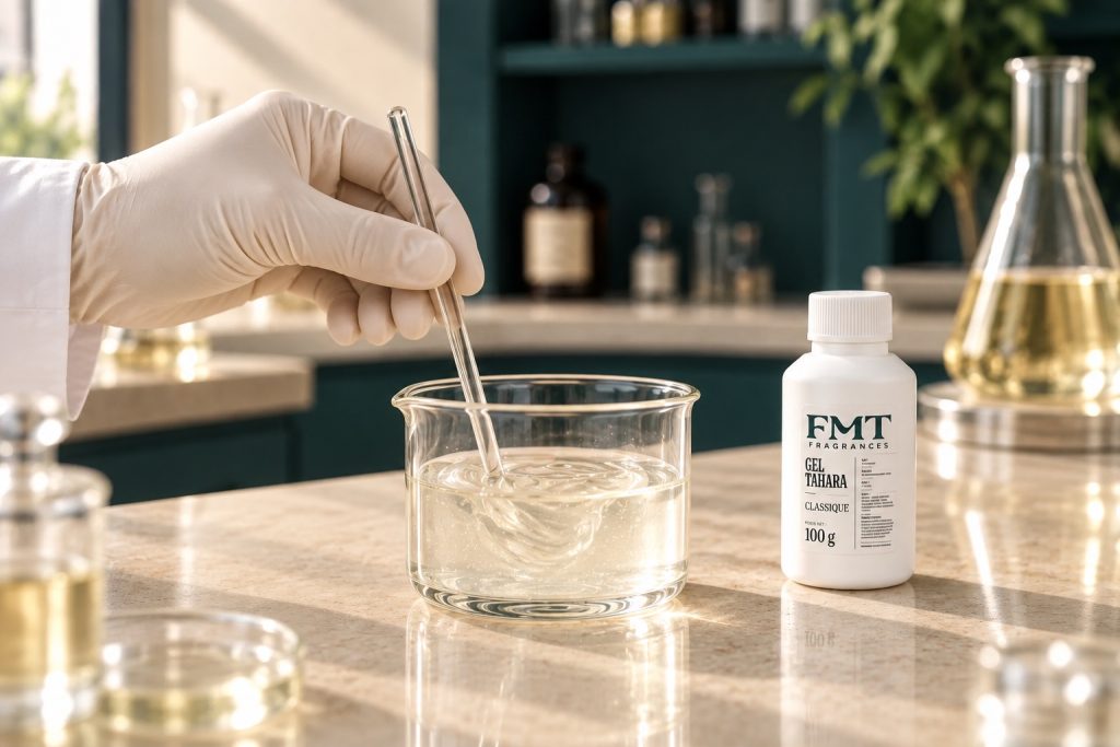 Illustration : préparation du gel Tahara dans un laboratoire de parfumerie
