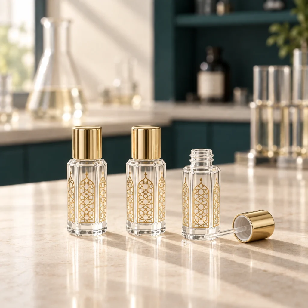 Fioles octogonales vides de 3 ml avec tige et motifs dorés